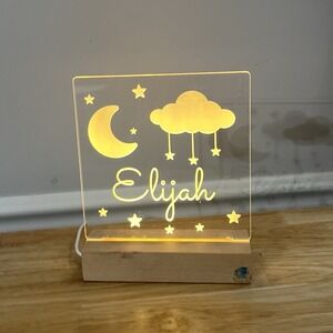 LED Light Up Wood Stand "Elijah" Moon Stars‎ Boy Birthday Decor Celebration gift